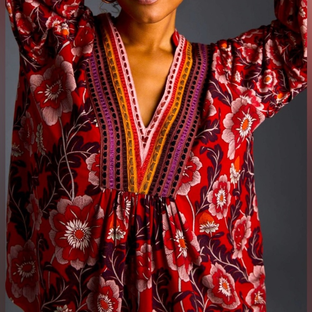 Anthropologie Bl-lNeck Long-Sleeve Top with Embroidered Trim